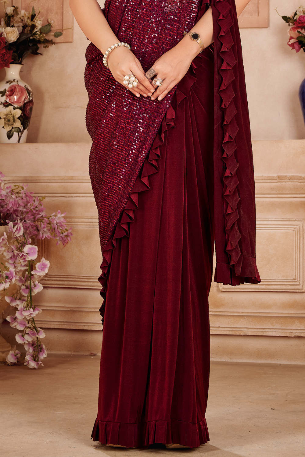 maroon sequin ready to wear saree 2