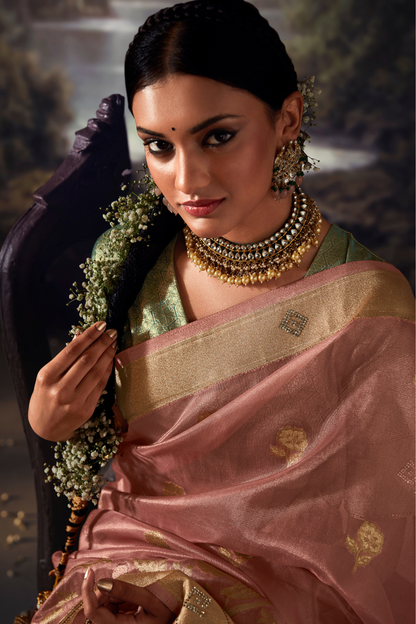 Thulian Pink Organza Saree with Swarovski Work