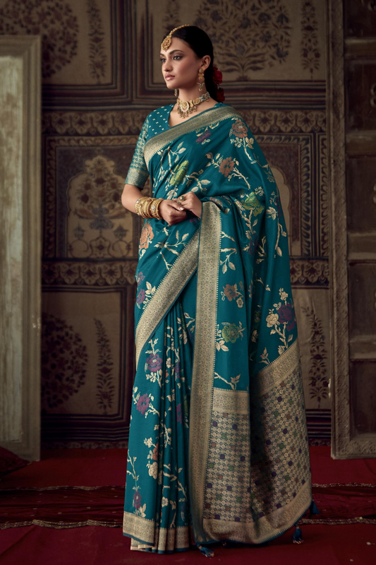 Sapphire Blue Dola Silk Saree with Designer Blouse