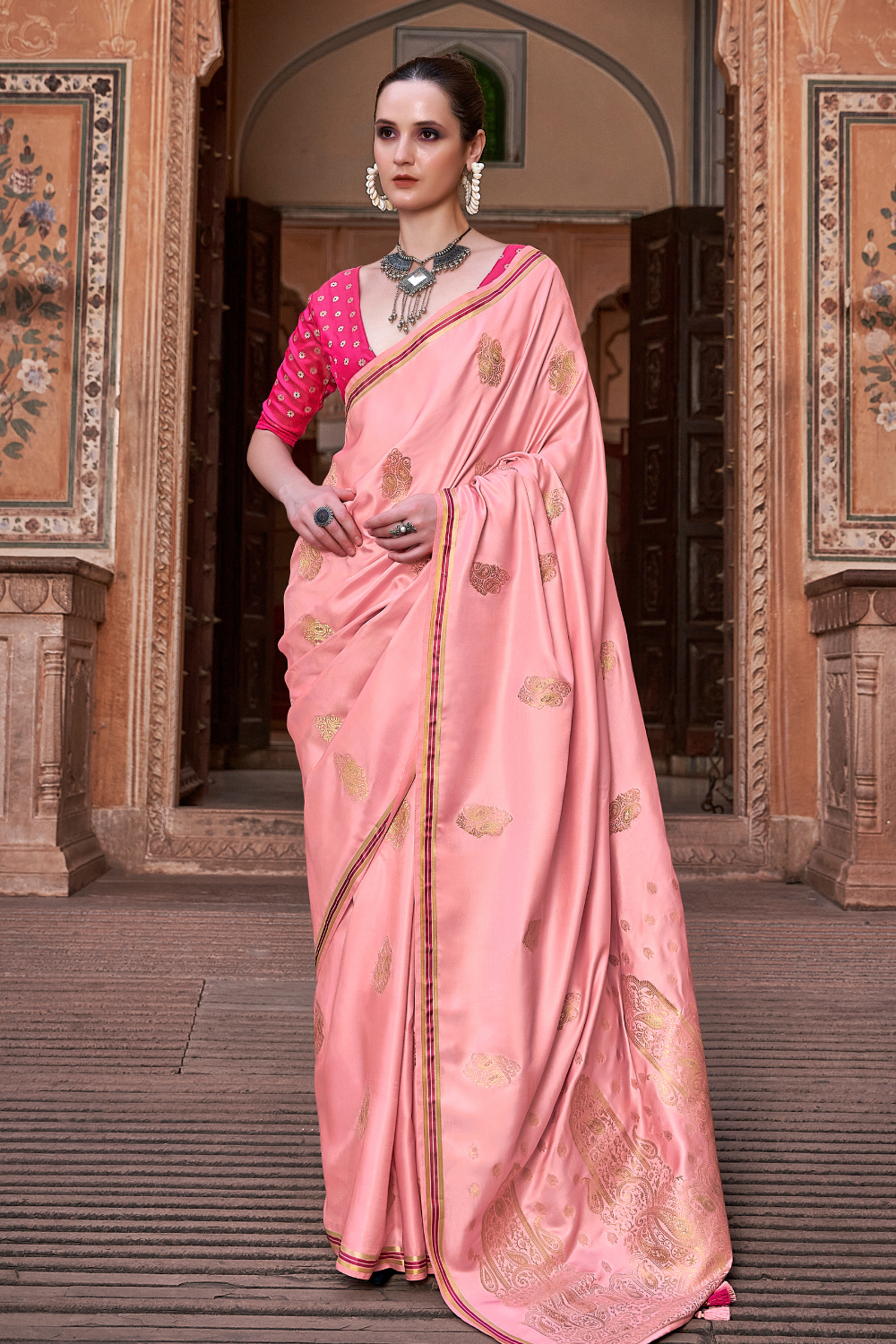 Coral Pink Satin Silk Saree