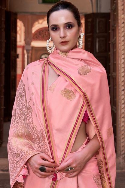 Coral Pink Satin Silk Saree