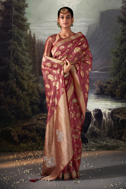 Rouge Pink Organza Saree with Swarovski Work