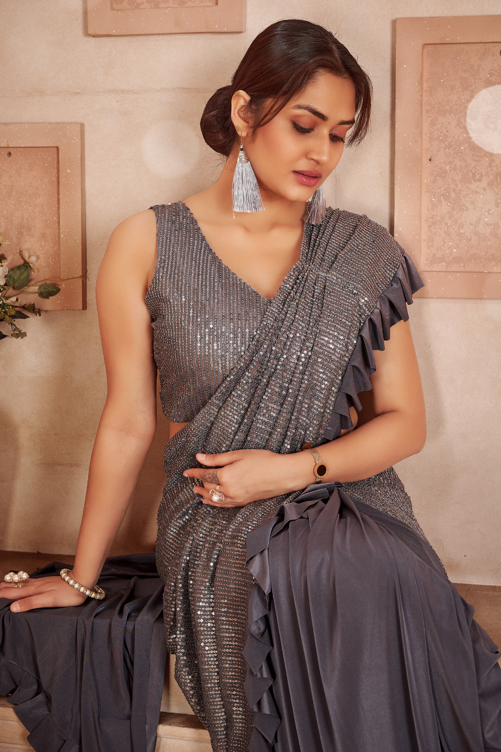 grey dual tone sequin ready to wear saree 3