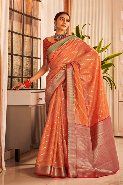 Coral Orange Tussar Saree