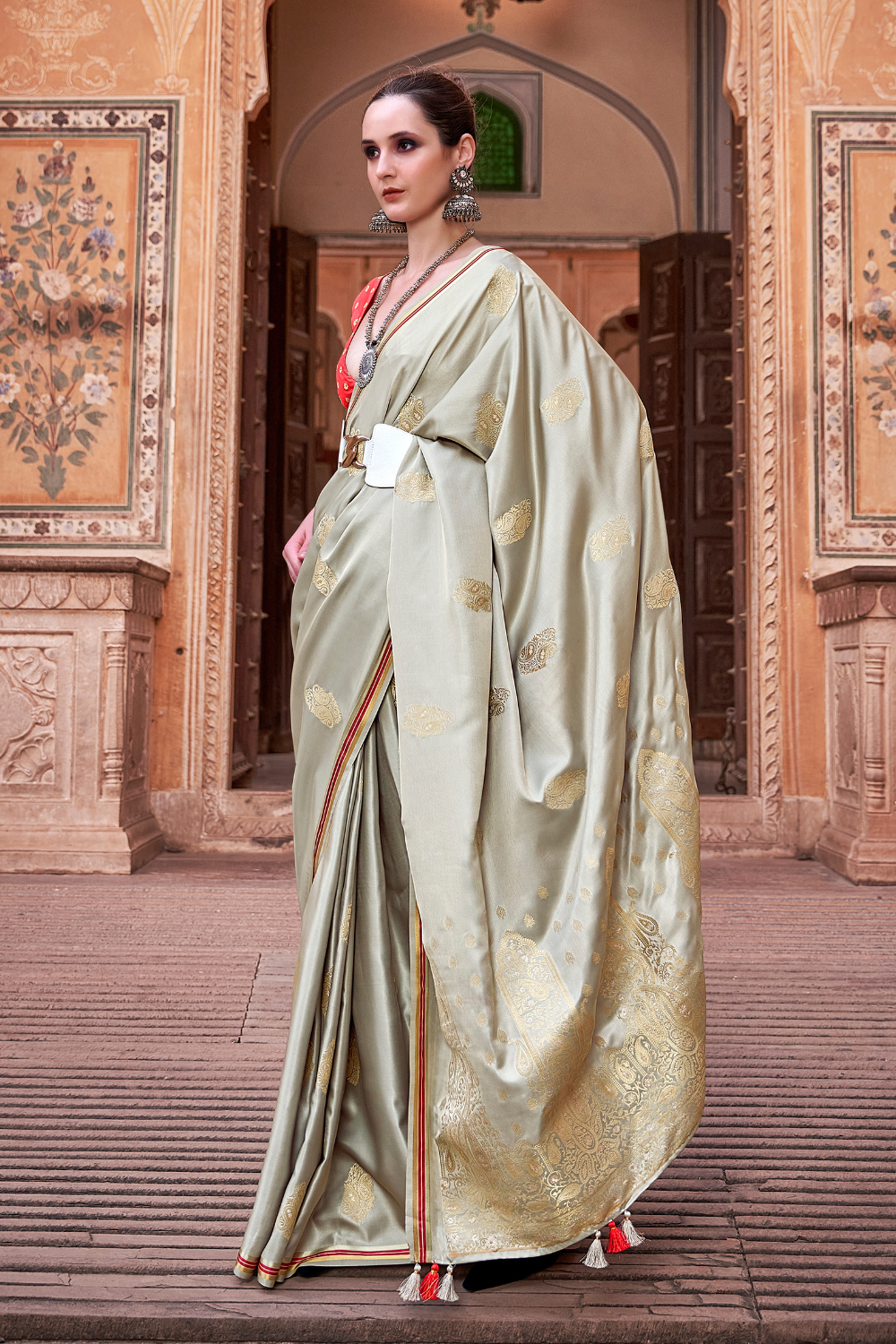 Mushroom Grey Satin Silk Saree