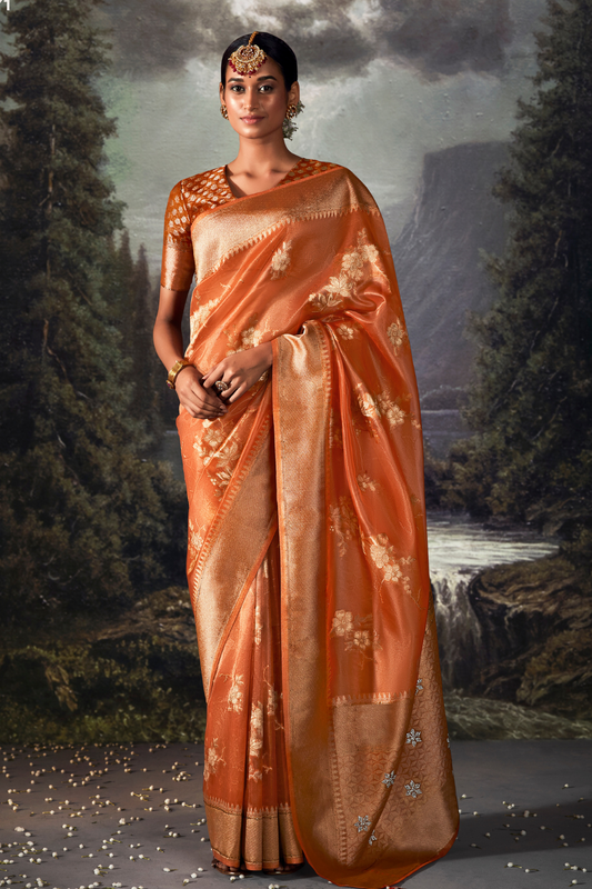 Yam Orange Organza Saree with Swarovski Work