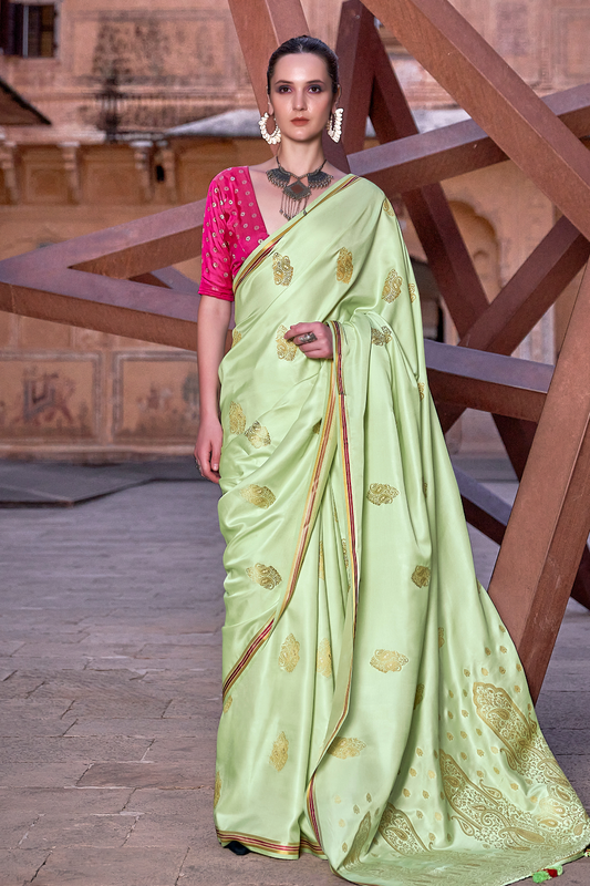 Lime Green Satin Silk Saree