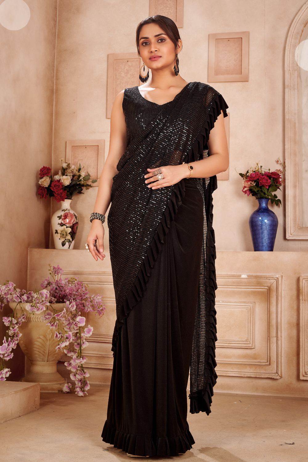 black sequin ready to wear saree 1