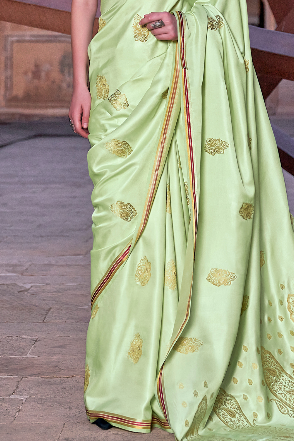 Lime Green Satin Silk Saree