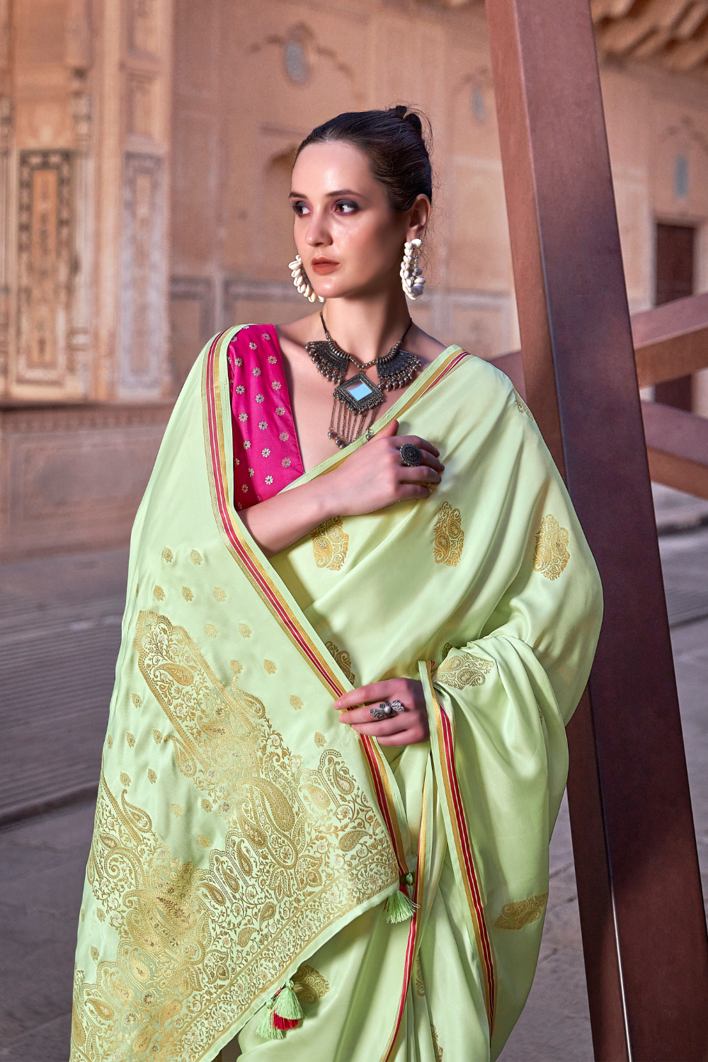 Lime Green Satin Silk Saree