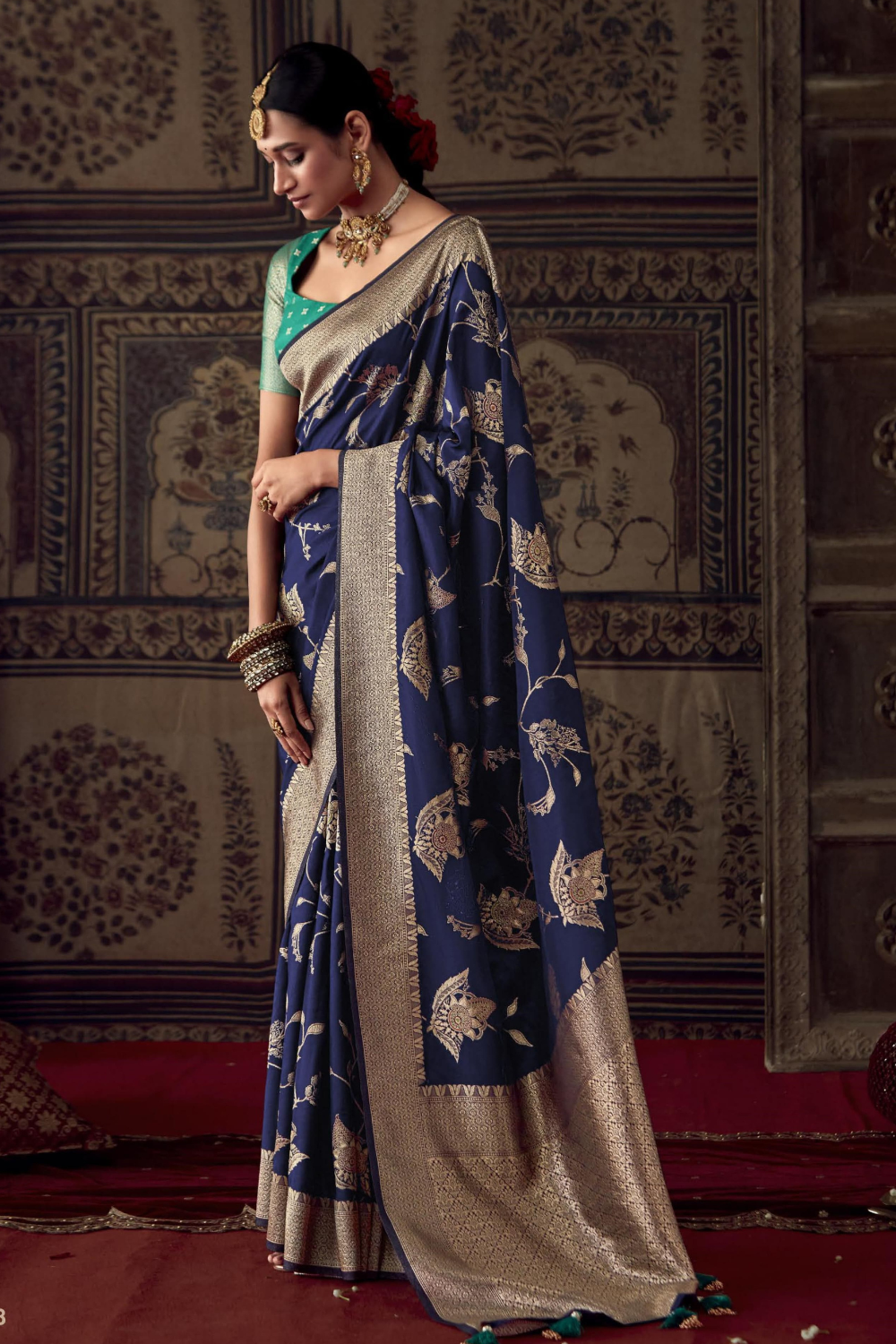 Midnight Blue Dola Silk Saree with Designer Blouse