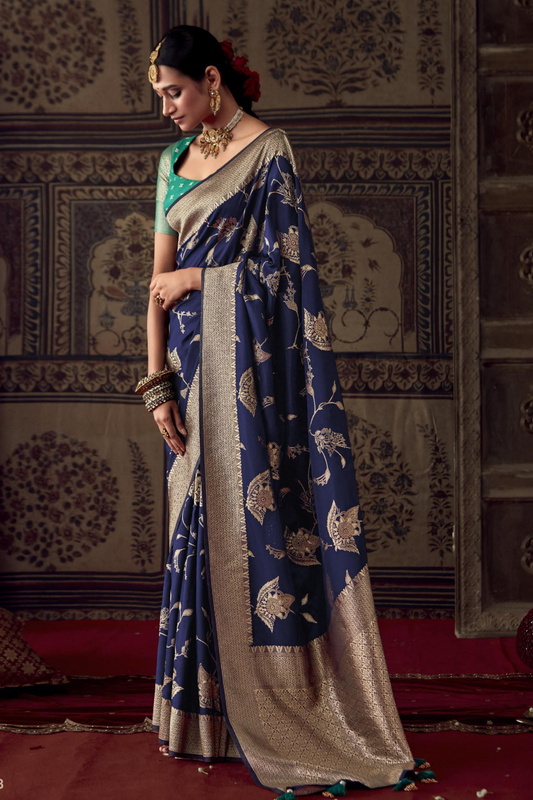 Midnight Blue Dola Silk Saree with Designer Blouse