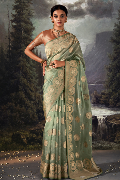 Tea Green Organza Saree with Swarovski Work