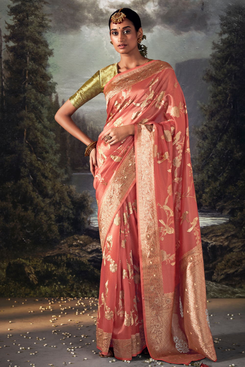 Peach Orange Organza Saree with Swarovski Work