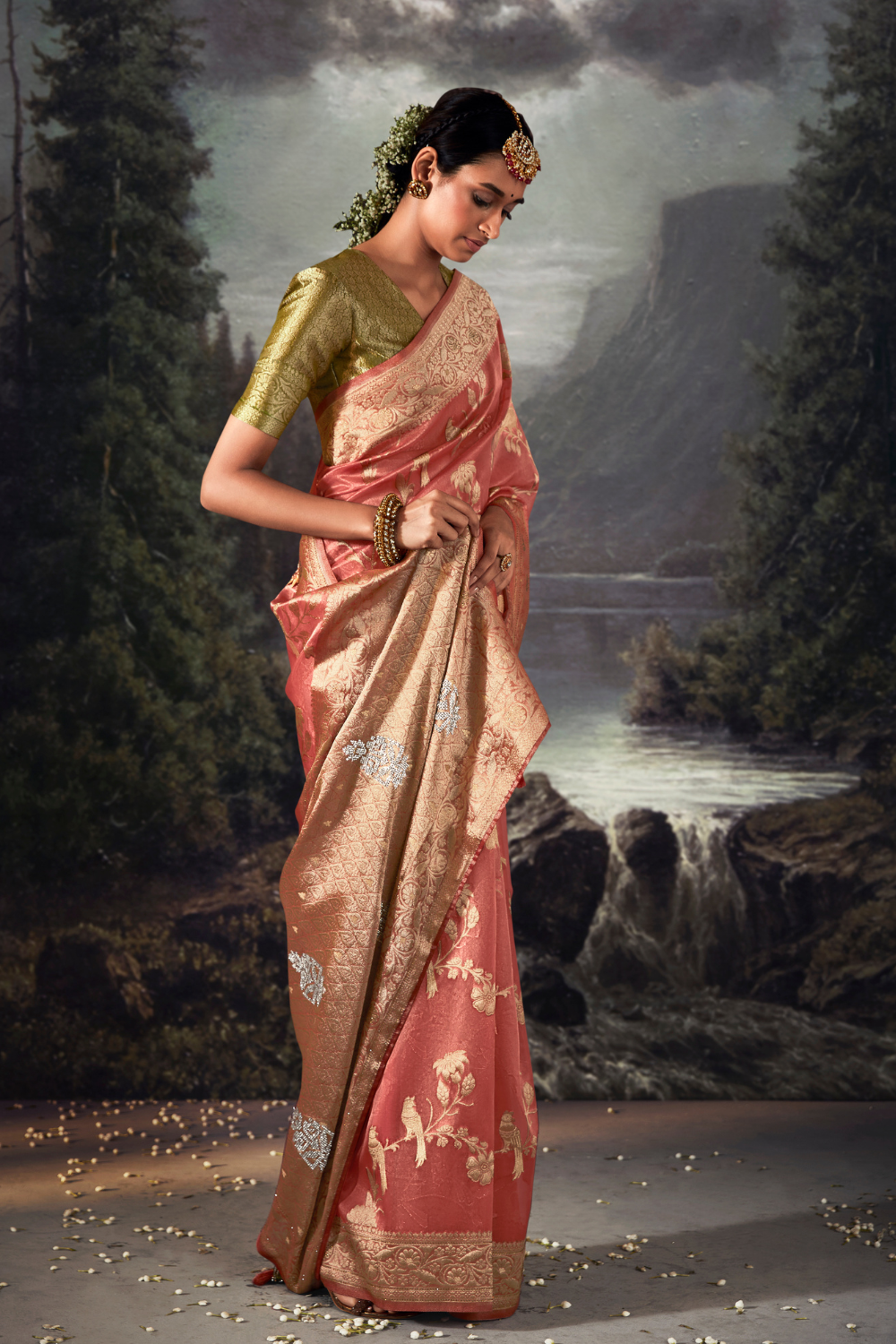 Peach Orange Organza Saree with Swarovski Work