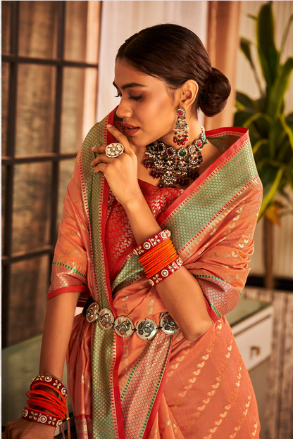 Coral Orange Tussar Saree