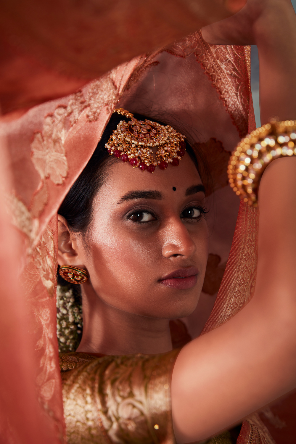 Peach Orange Organza Saree with Swarovski Work