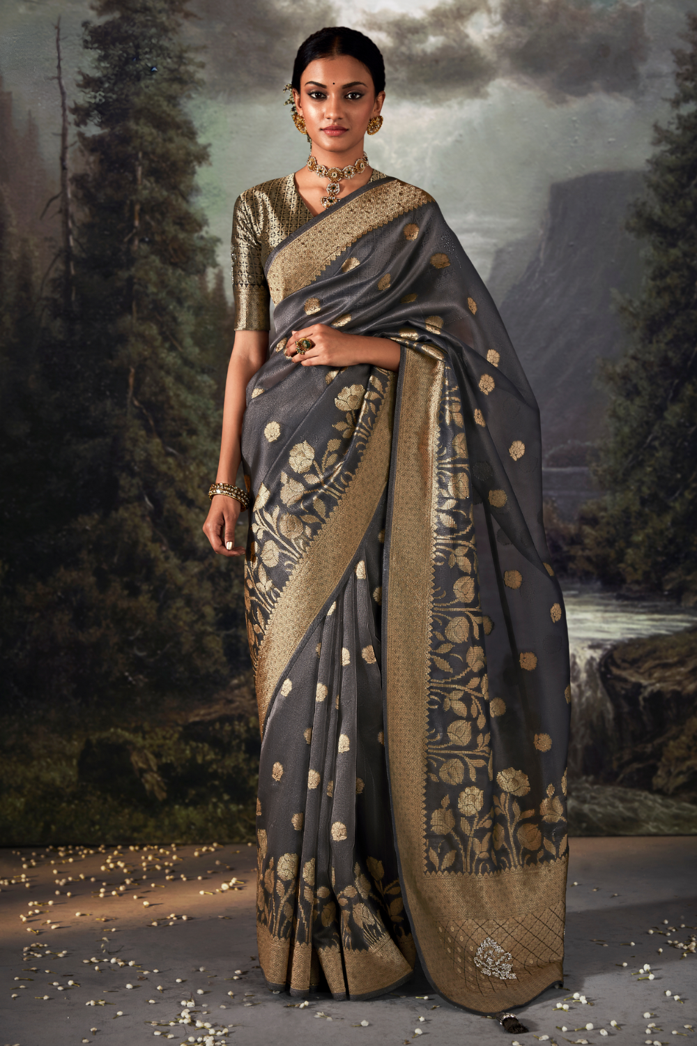 Anchor Grey Organza Saree with Swarovski Work