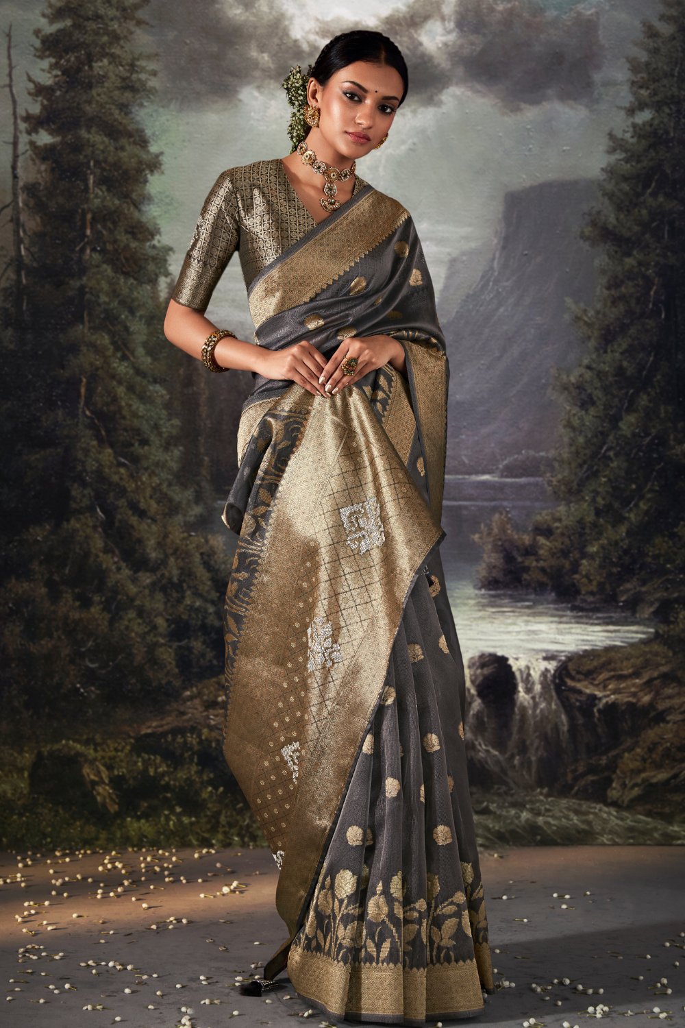 Anchor Grey Organza Saree with Swarovski Work