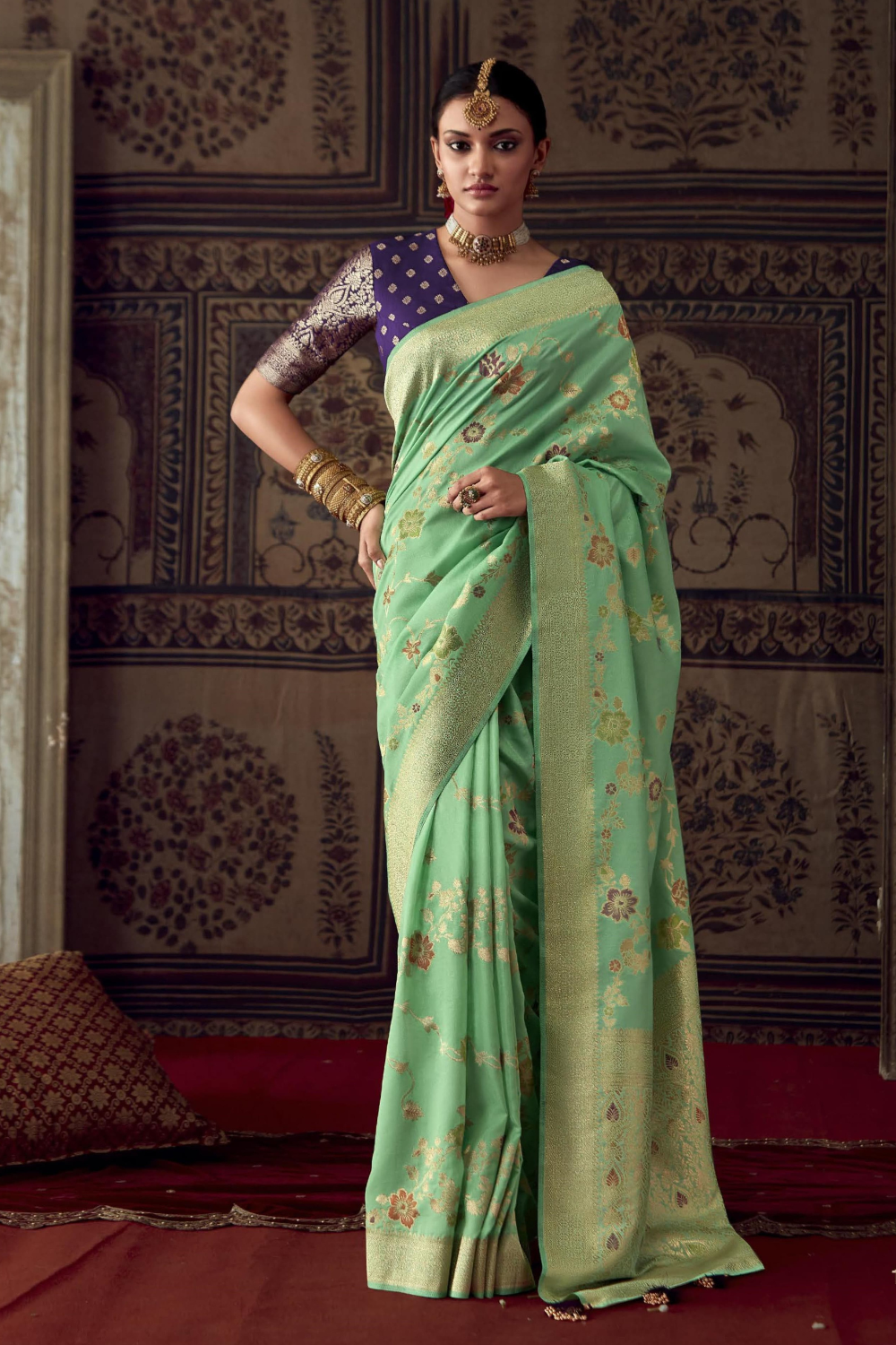 Mint Green Dola Silk Saree with Designer Blouse