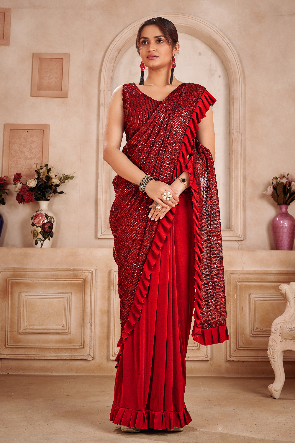 red sequin ready to wear saree 1