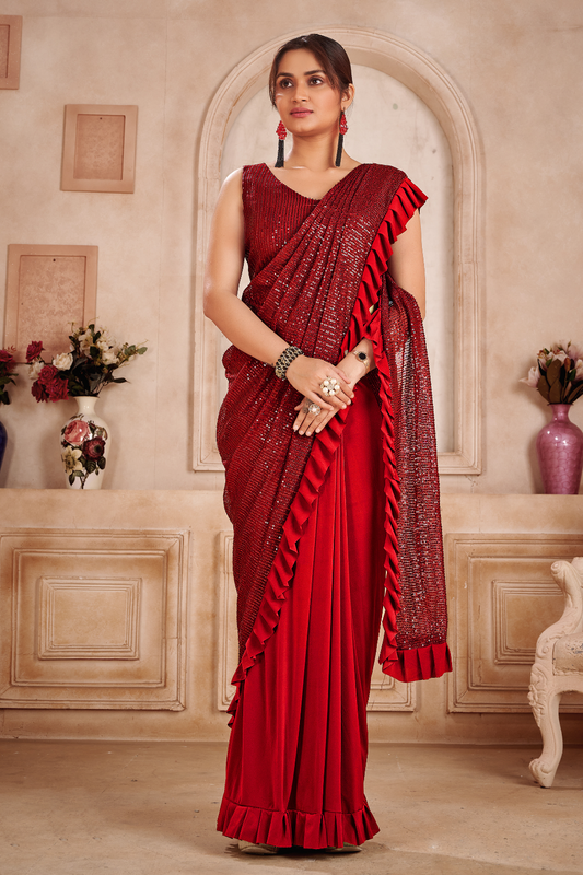 red sequin ready to wear saree 1