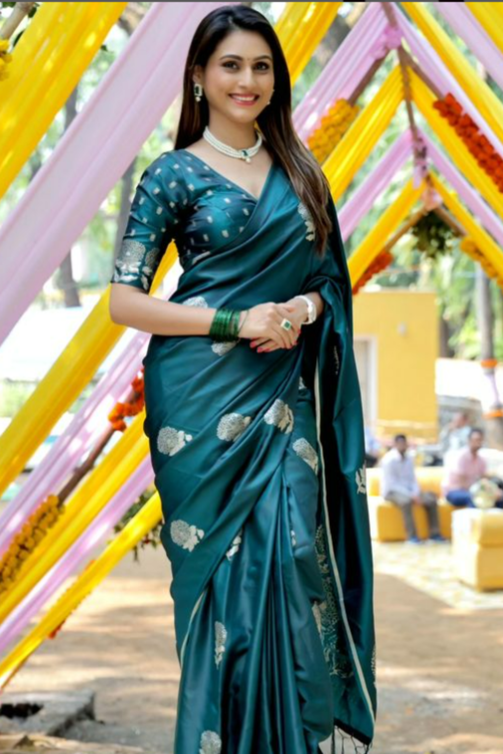 RESHMA SHINDE in British Racing Green Satin Silk Saree