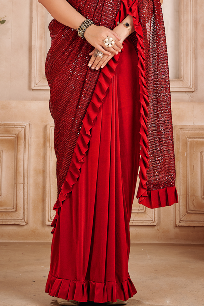 red sequin ready to wear saree 2