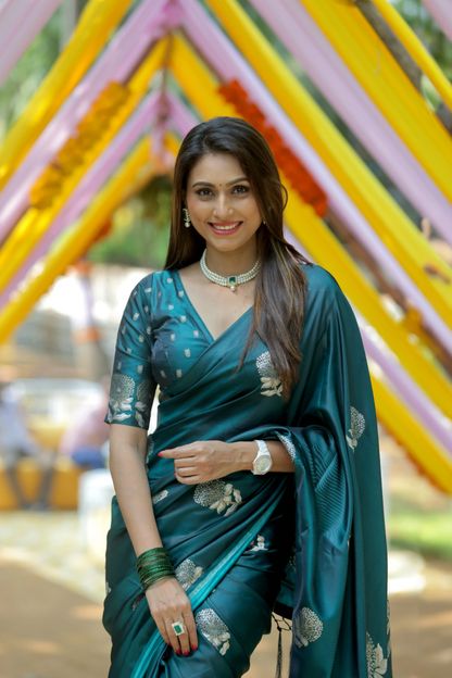 RESHMA SHINDE in British Racing Green Satin Silk Saree