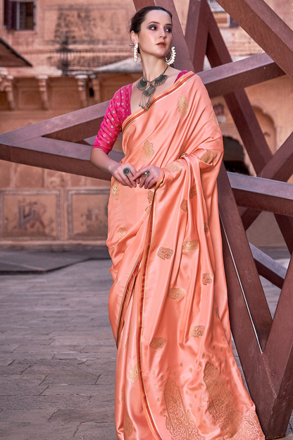 Coral Orange Satin Silk Saree