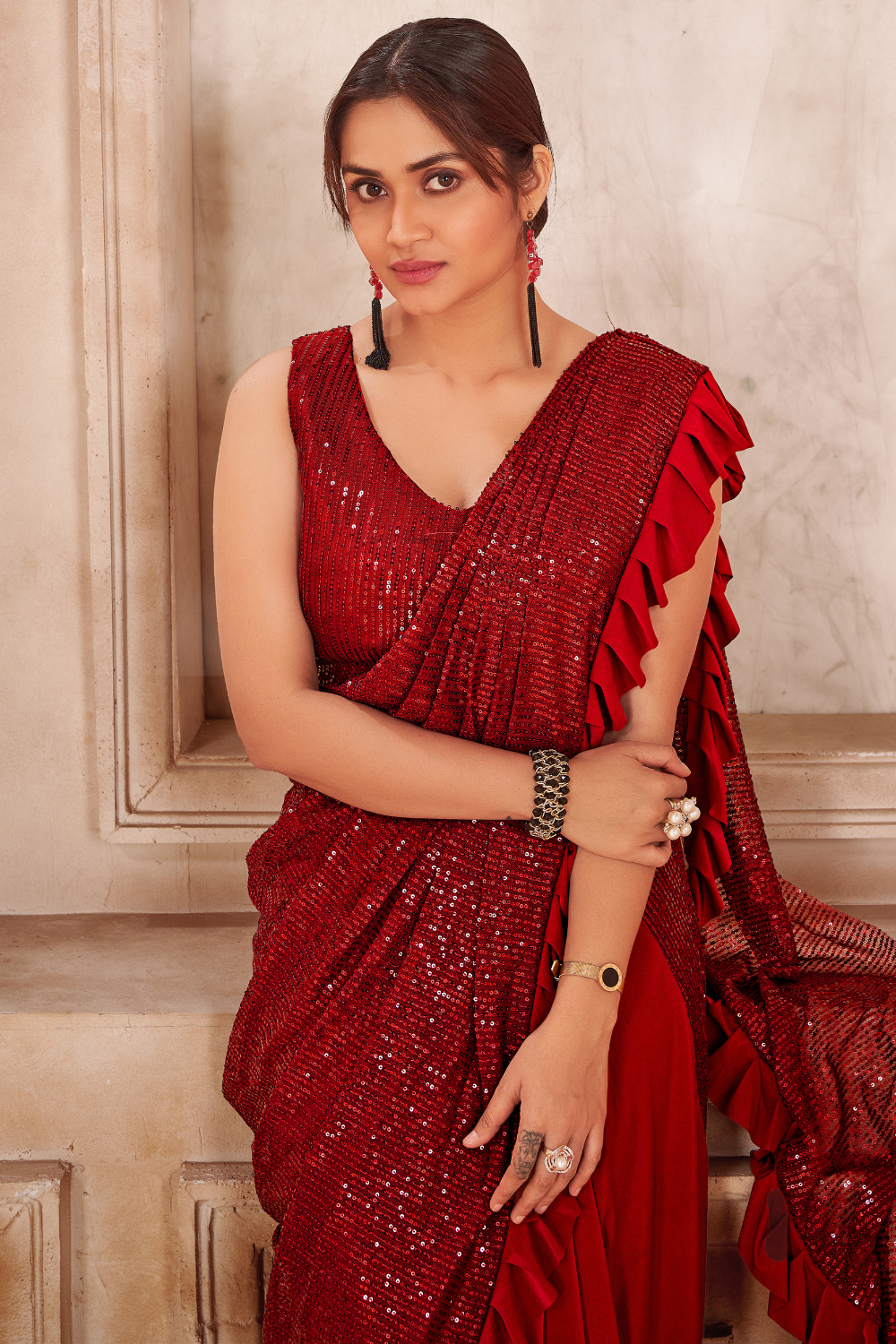 red sequin ready to wear saree 3