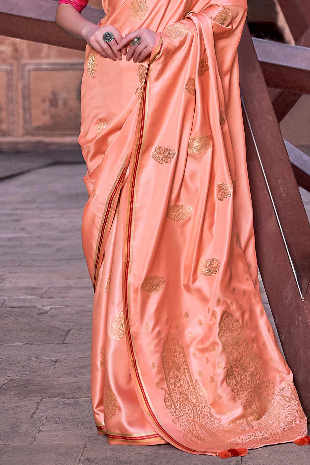 Coral Orange Satin Silk Saree