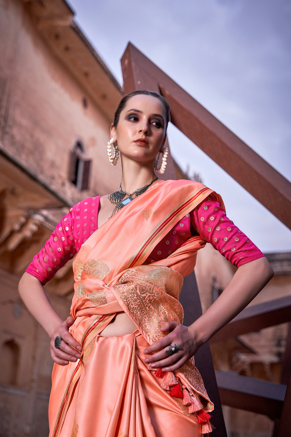 Coral Orange Satin Silk Saree