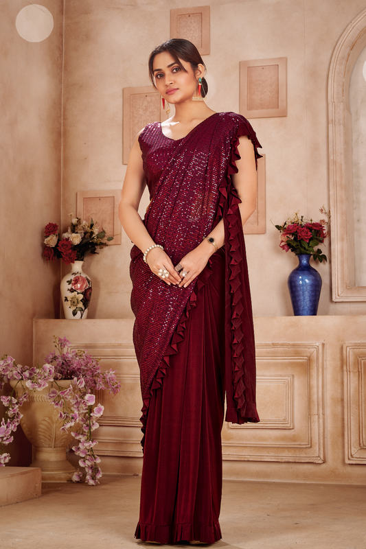 maroon sequin ready to wear saree 1