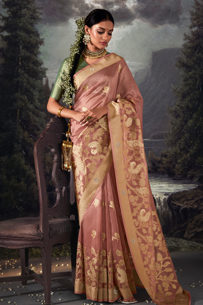 Thulian Pink Organza Saree with Swarovski Work