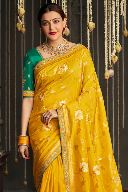 golden yellow dola silk saree 2