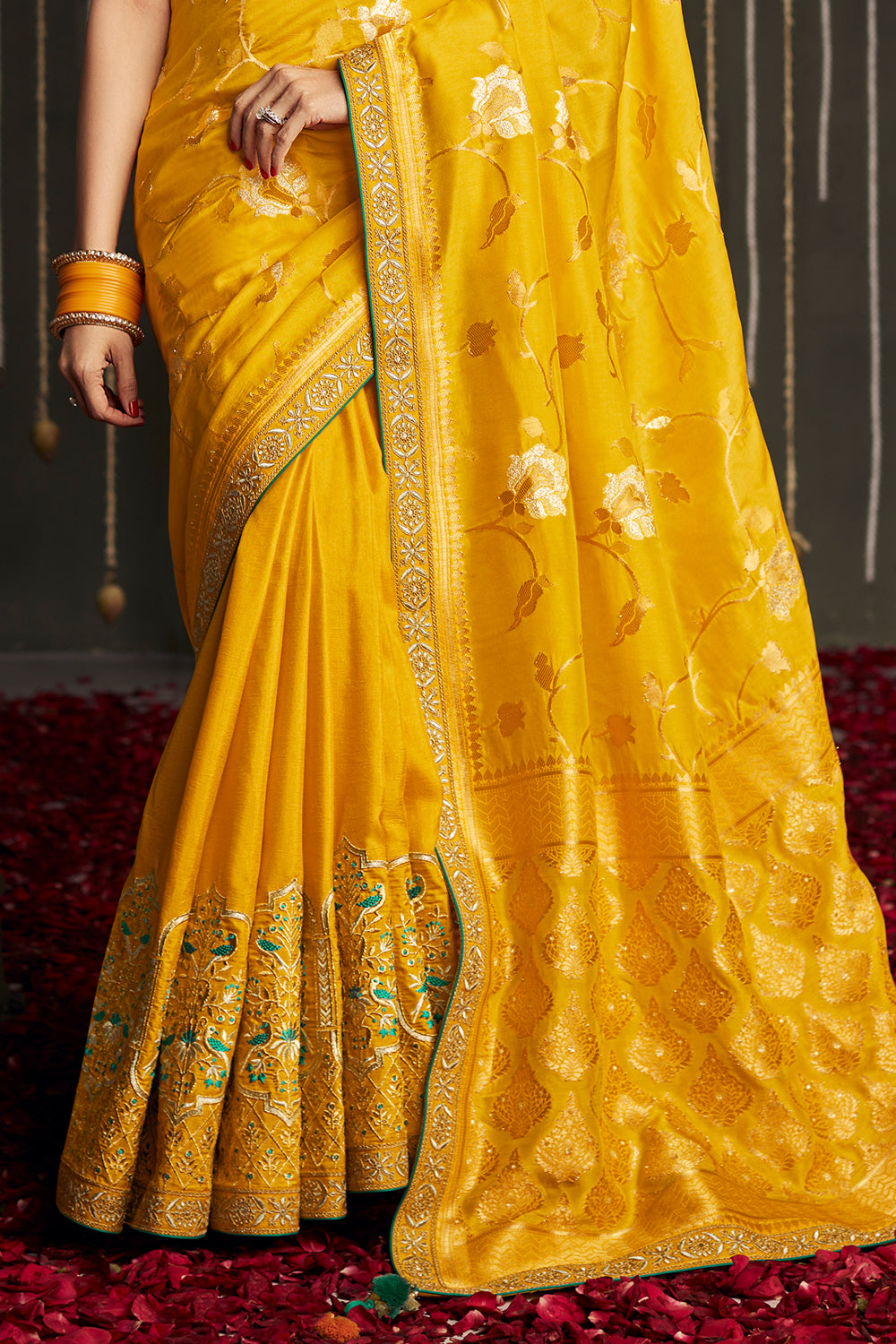 golden yellow dola silk saree 3