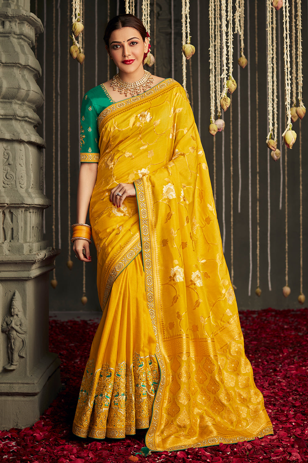 golden yellow dola silk saree 1