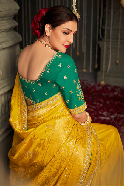 golden yellow dola silk saree 5