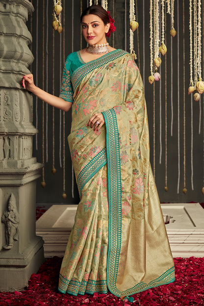 tea green dola silk saree 1