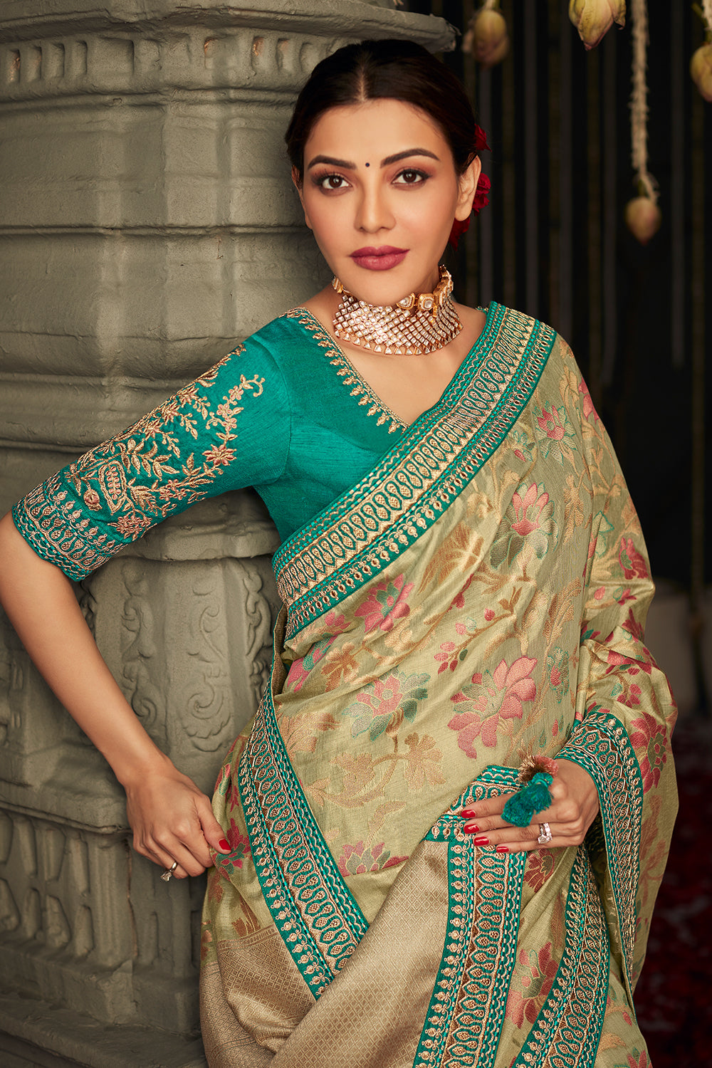 tea green dola silk saree 4