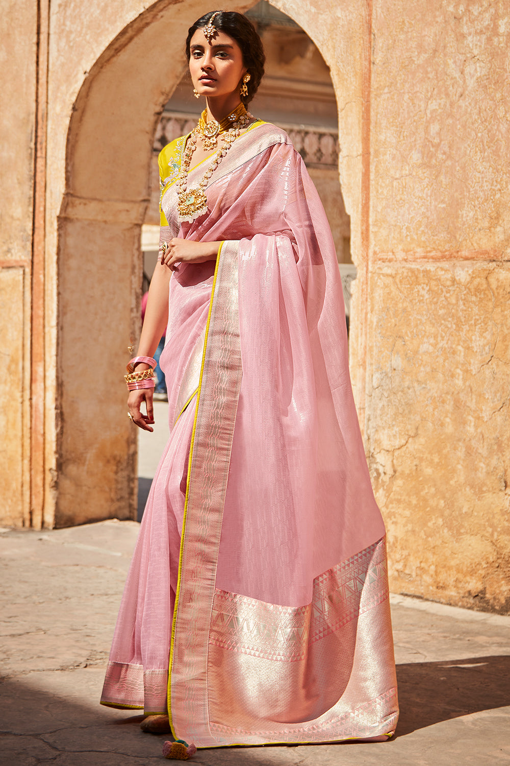 pink banarasi saree