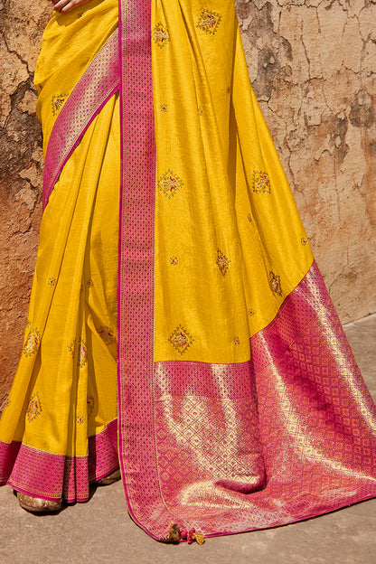 yellow banarasi saree