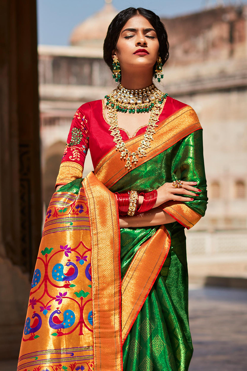 Bottle Green Colour Kanchipuram Traditional Silk Saree. – Pulimoottil Online