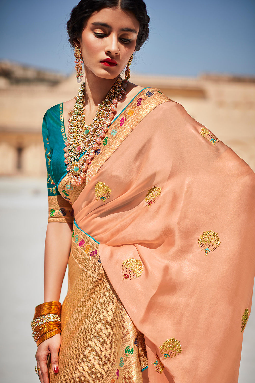 peach silk saree