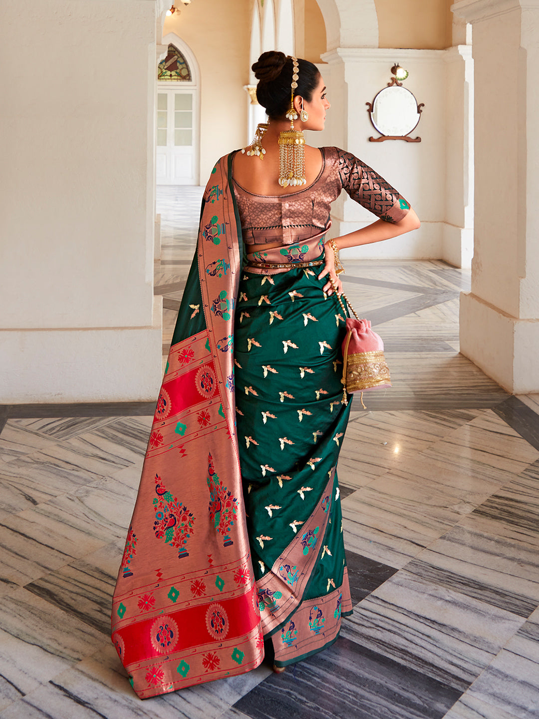 Deep green and red Paithani saree with designer blouse – Thath Banaras