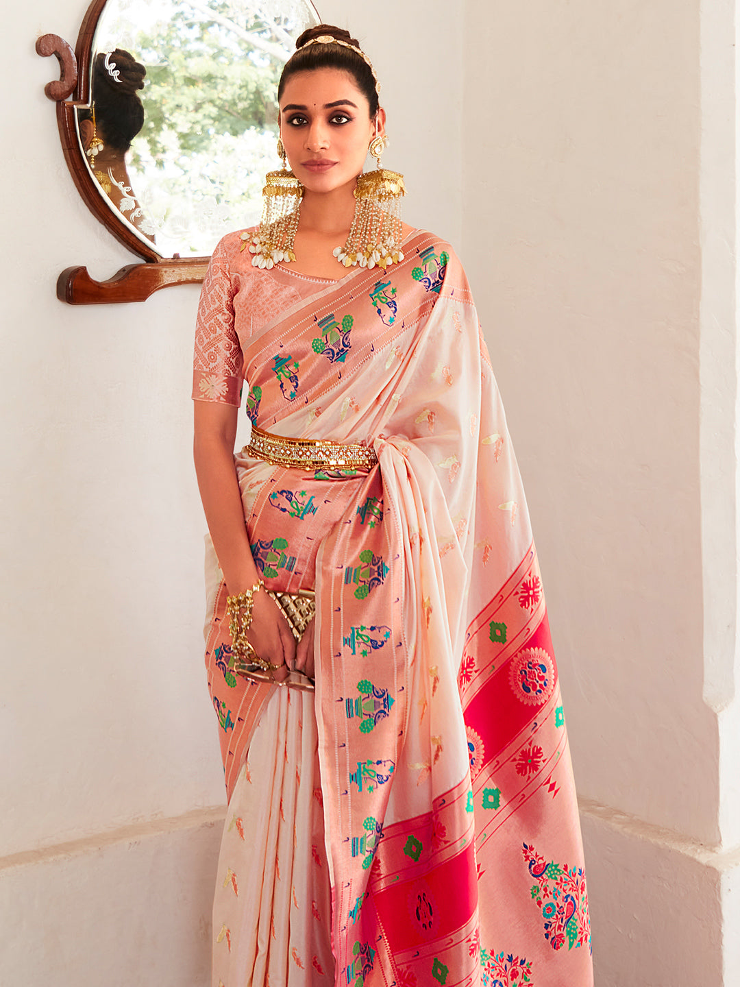 Lotus Pink Woven Paithani Silk Saree – Zari Banaras