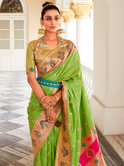 Parrot Green Paithani Saree