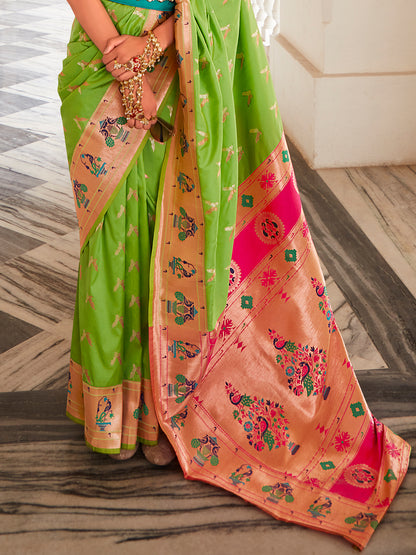 Parrot Green Paithani Saree