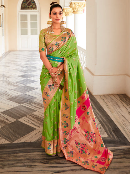 Parrot Green Paithani Saree